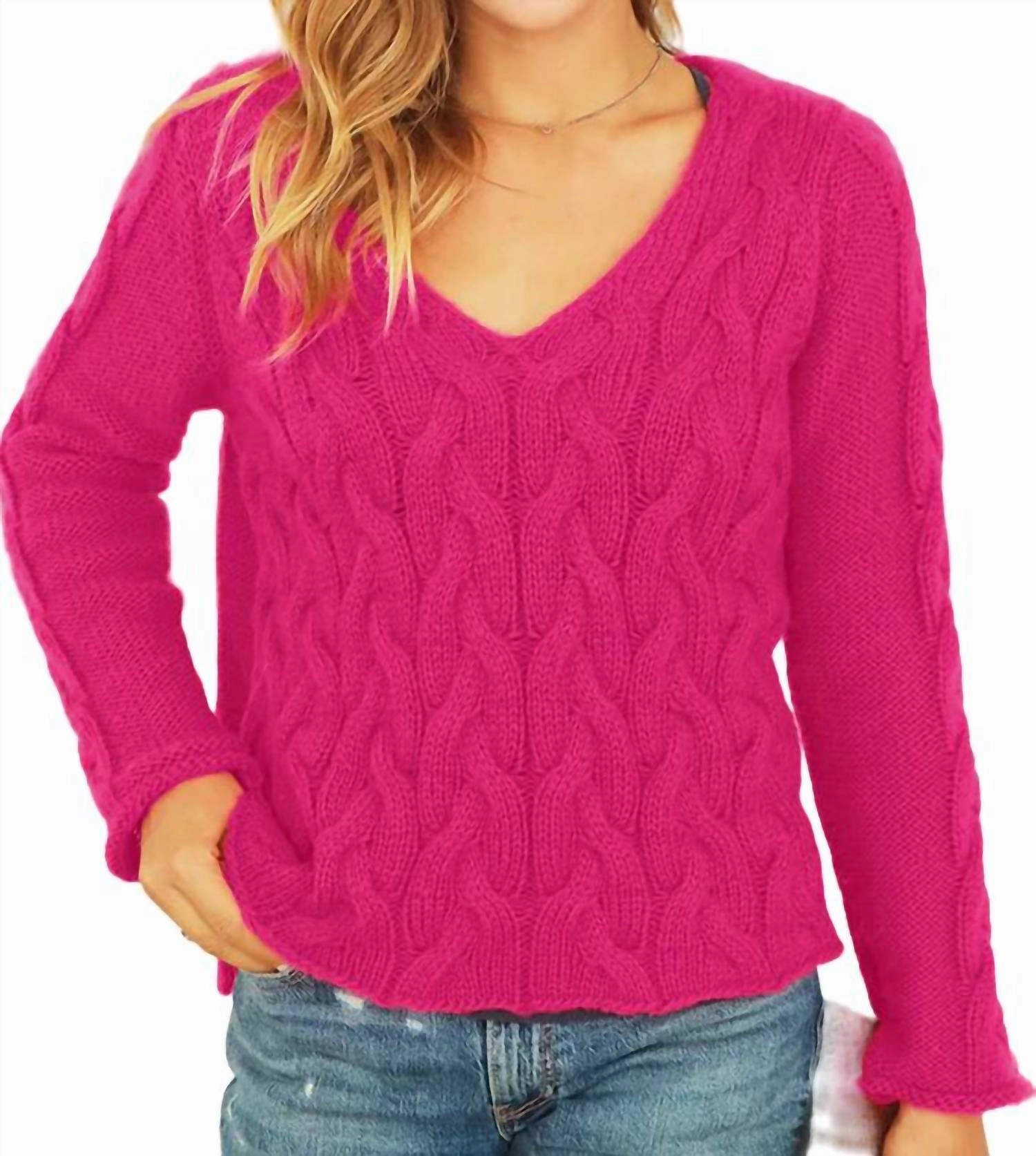 Cobblestone Cable Sweater In Hot Pink Warm Appeal Stretch Knit Technology