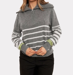 Winter Perfection Fashion Ready Sabrina Stripe Zip Polo In Mid Grey/haze Neon Yellow