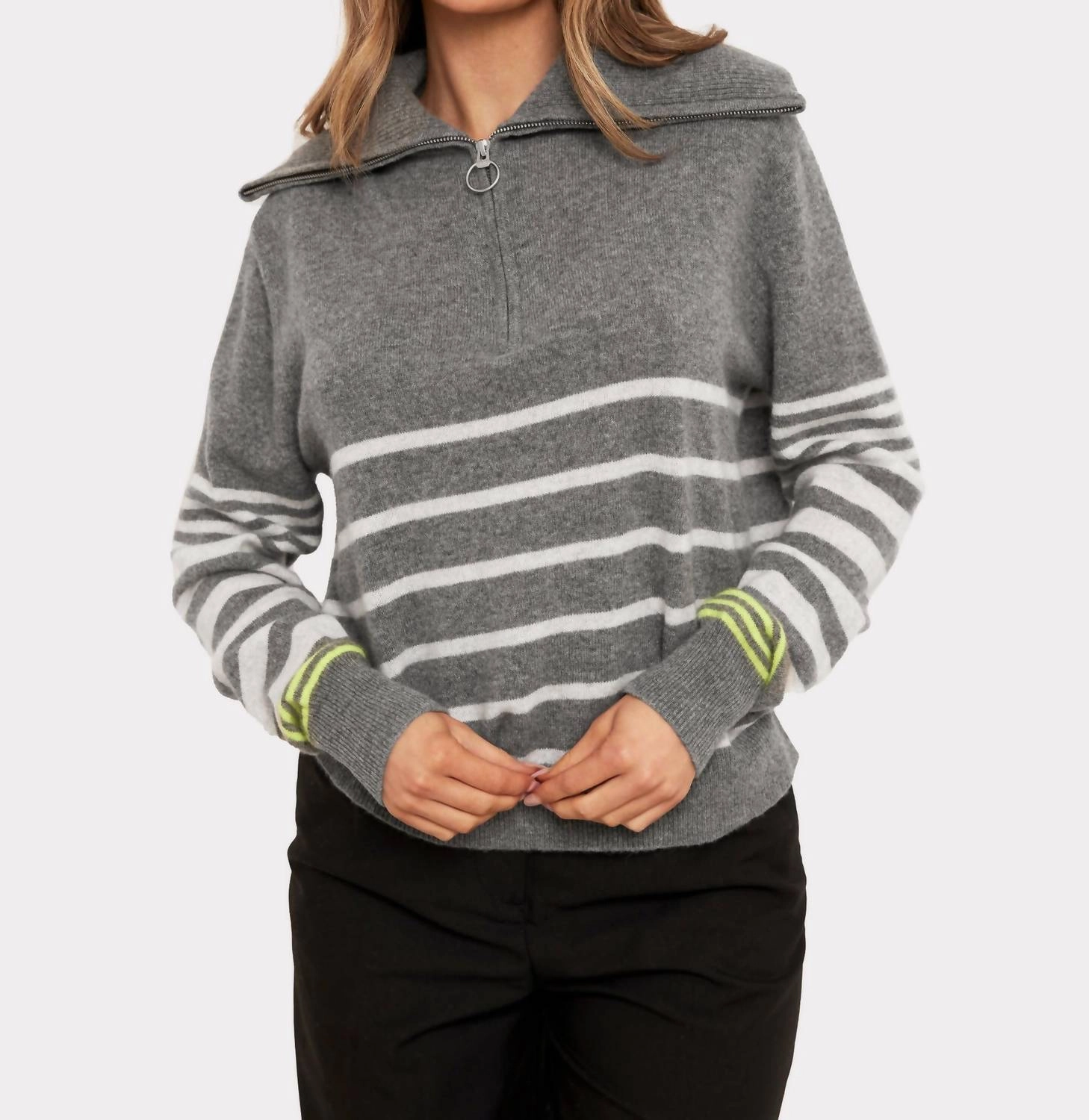 Winter Perfection Fashion Ready Sabrina Stripe Zip Polo In Mid Grey/haze Neon Yellow