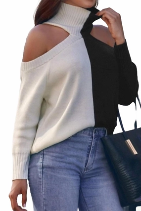 Cold-Shoulder Two-Tone Turtleneck Sweater In Black/white Winter Styling Cozy Warmth