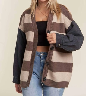 Soft Comfort Denim Sleeve Stripe Sweater Cardigan In Mocha