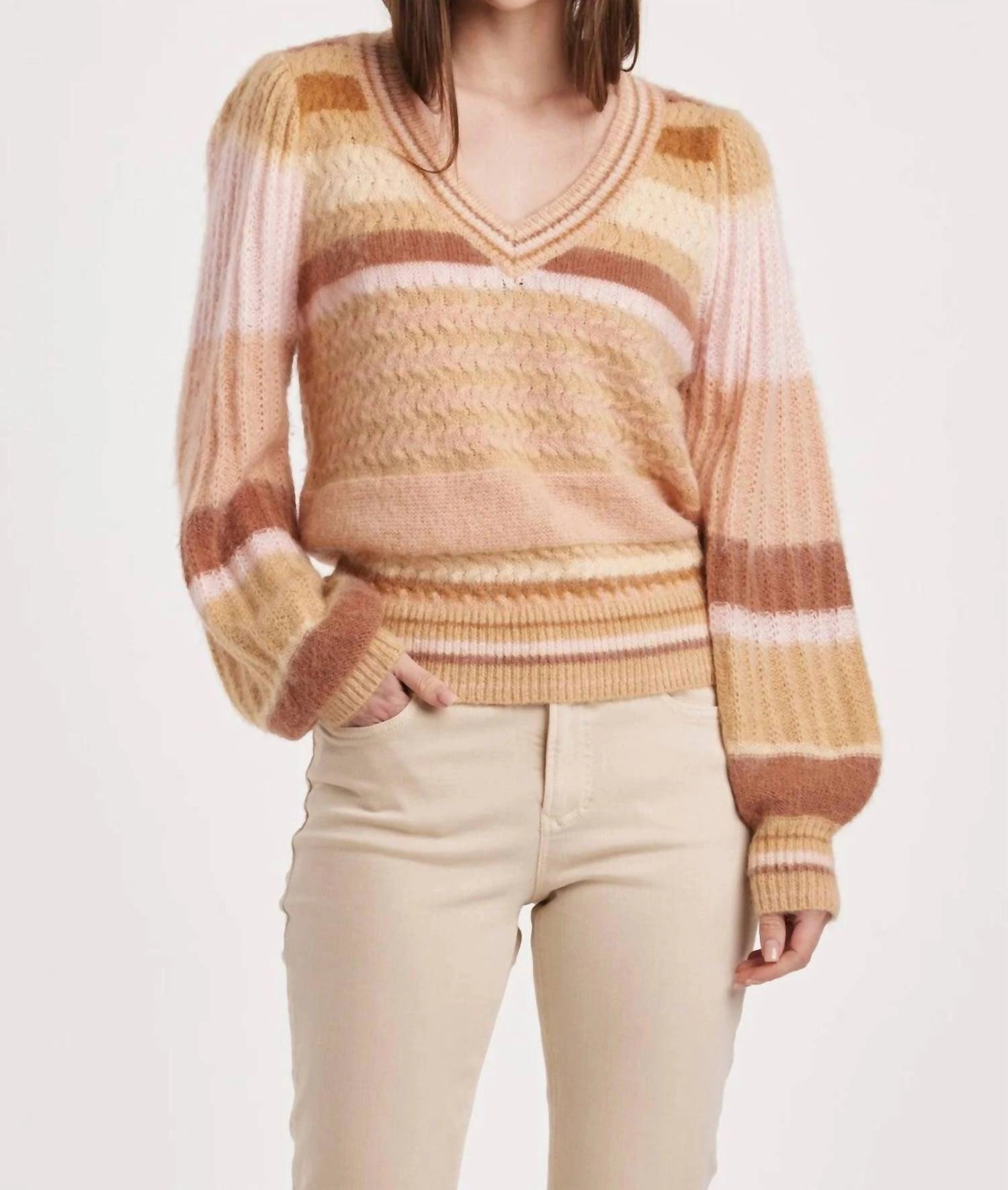 Adjustable drawstring Layering Fashion Geneva Stripe Sweater In Copper Rose