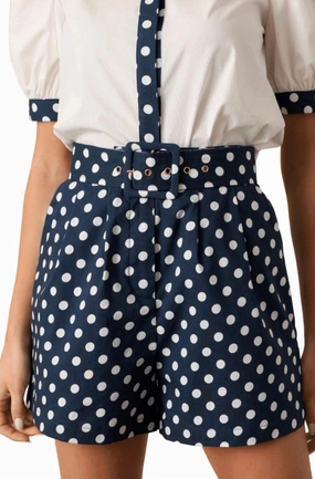 HighBackRise Colleen Classic Belted Shorts In Navy Polka Dot