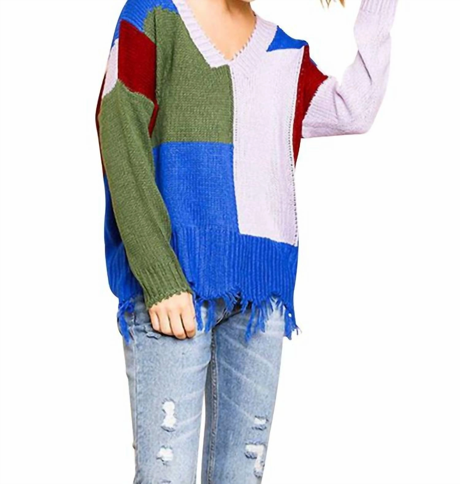 Color Block Frayed Hem Sweater In Olive/lavender Comfortable Design