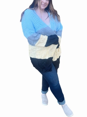 hypoallergenic Relaxed Comfort Color Block Knit Cardigan In Blue-Yellow