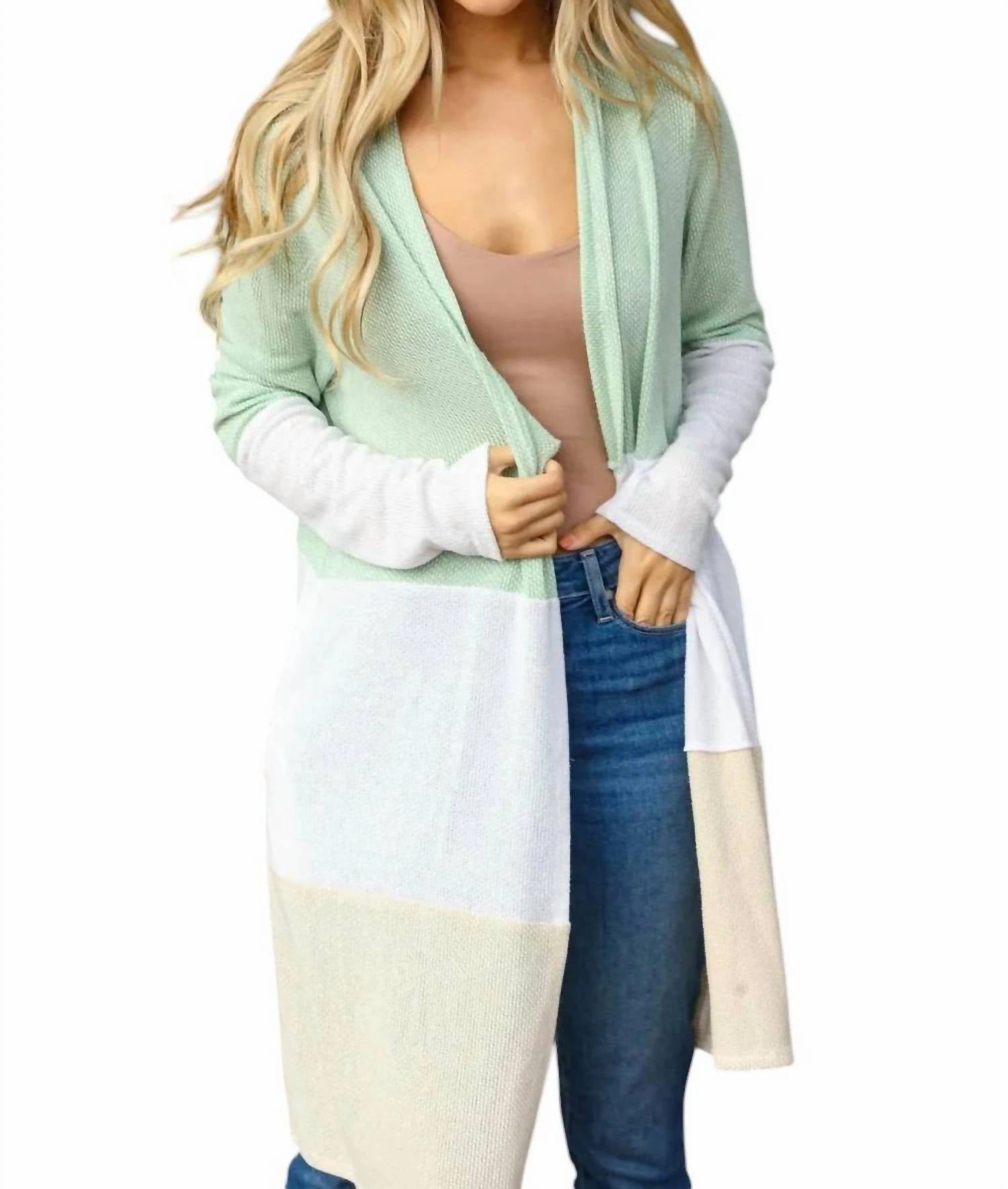 Colorblock Cardigan In Sage Winter Fashion Must-Have Crew Neck Design