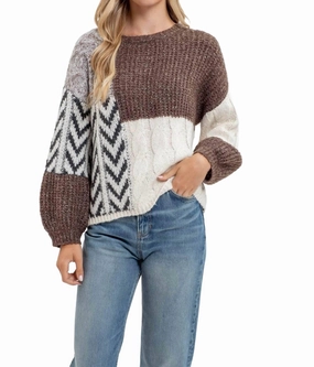 Colorblock Chevron Sweater In Brown Multi Non Restrictive Armhole Hygroscopic Fiber Blend