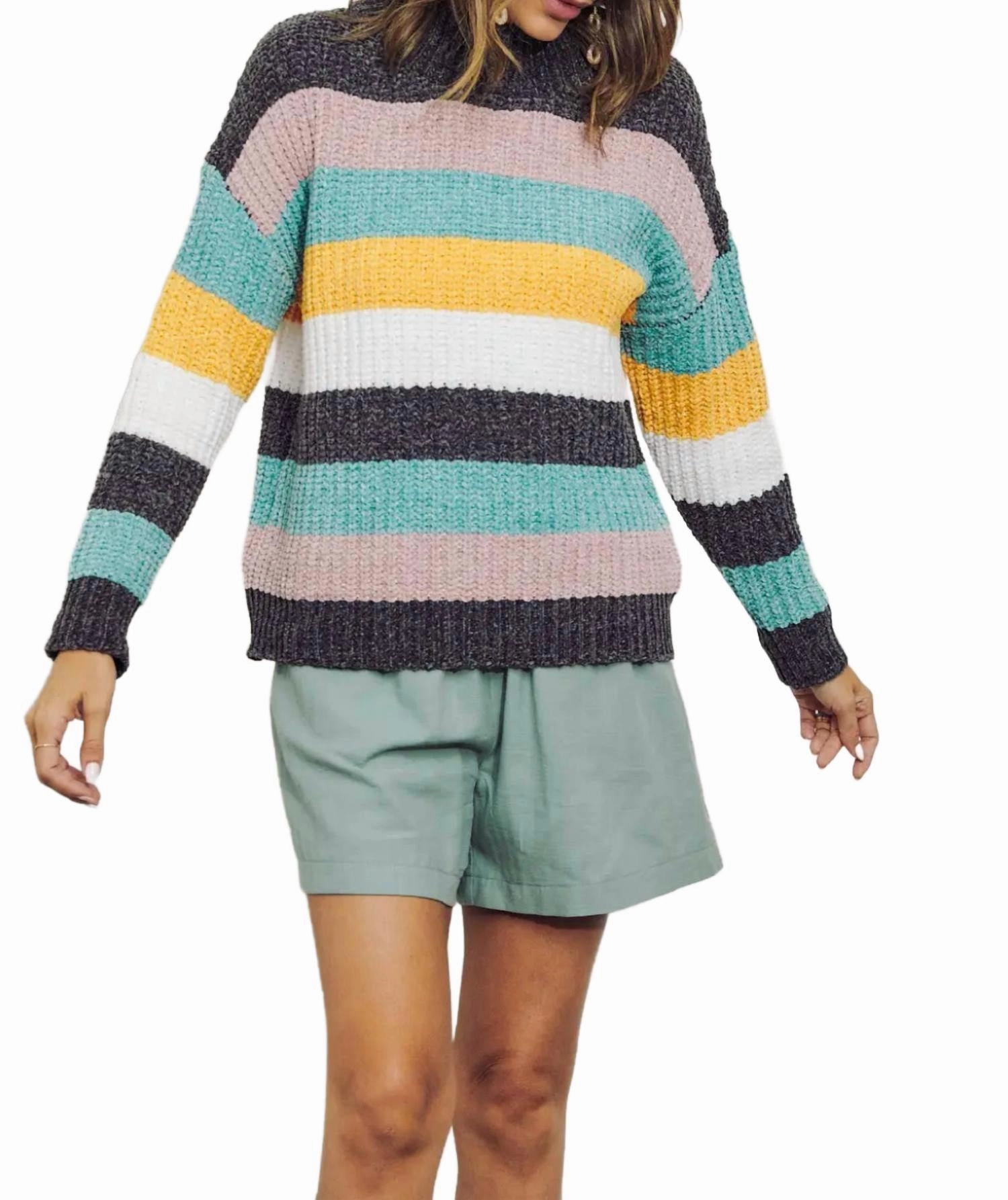 Colorblock Panel Knit Sweater In Rainbow Combo Soft Comfort Odor Resistant Finish