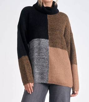 Colorblock Turtle Neck Sweater In Black/brown Zero Pilling Guarantee