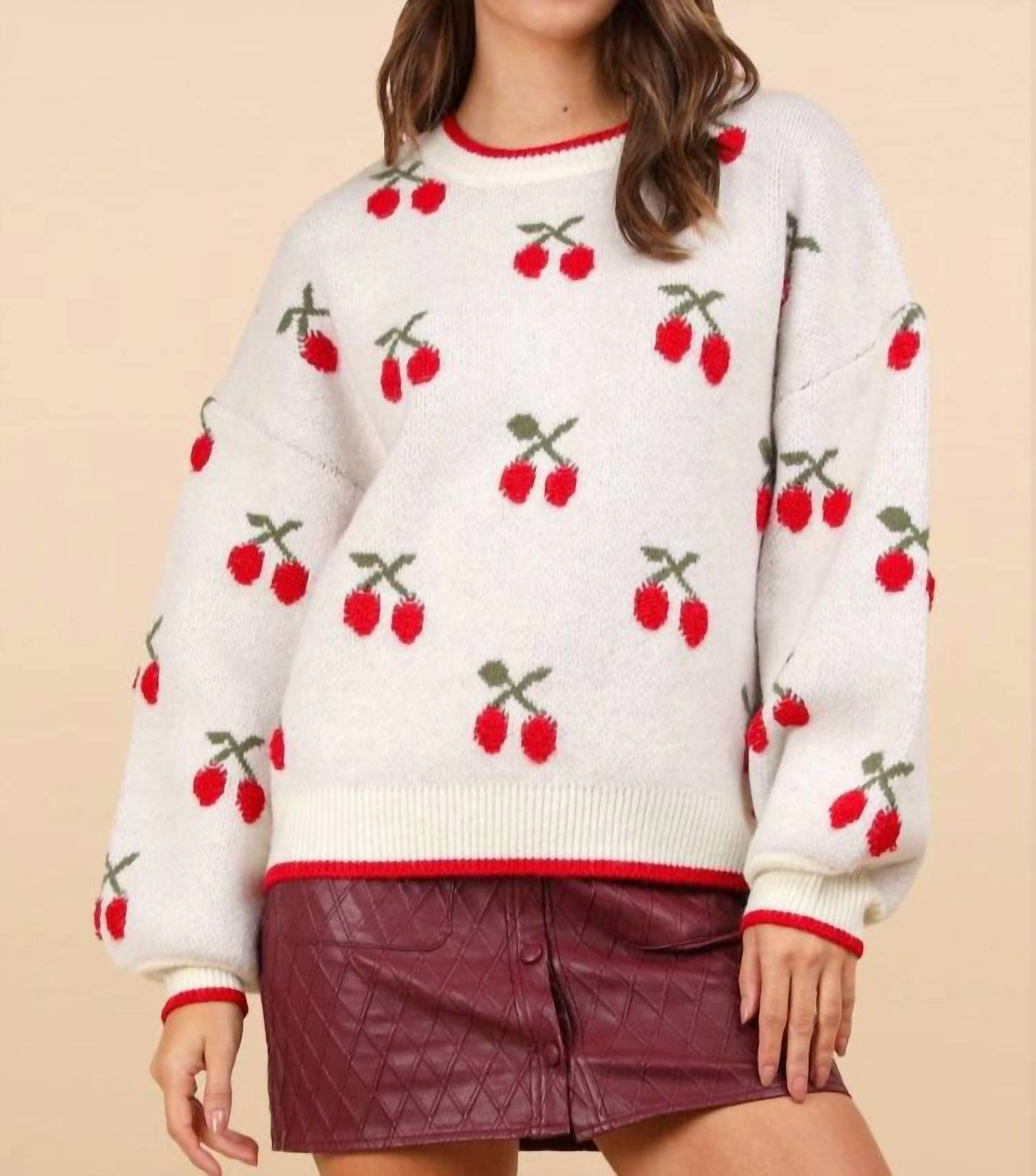 Soft Interior Oversized Cherry Knit Sweater In Oatmeal