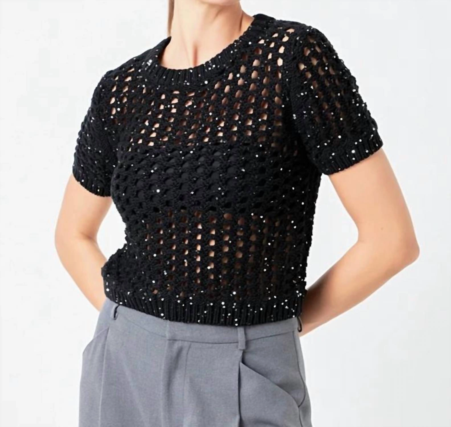 Sequins Knit Top In Black Layering Style Relaxed Style