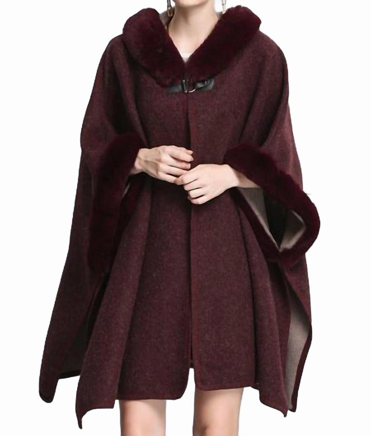 Warm Knitwear Cozy Faux Fur Hooded Poncho In Burgundy
