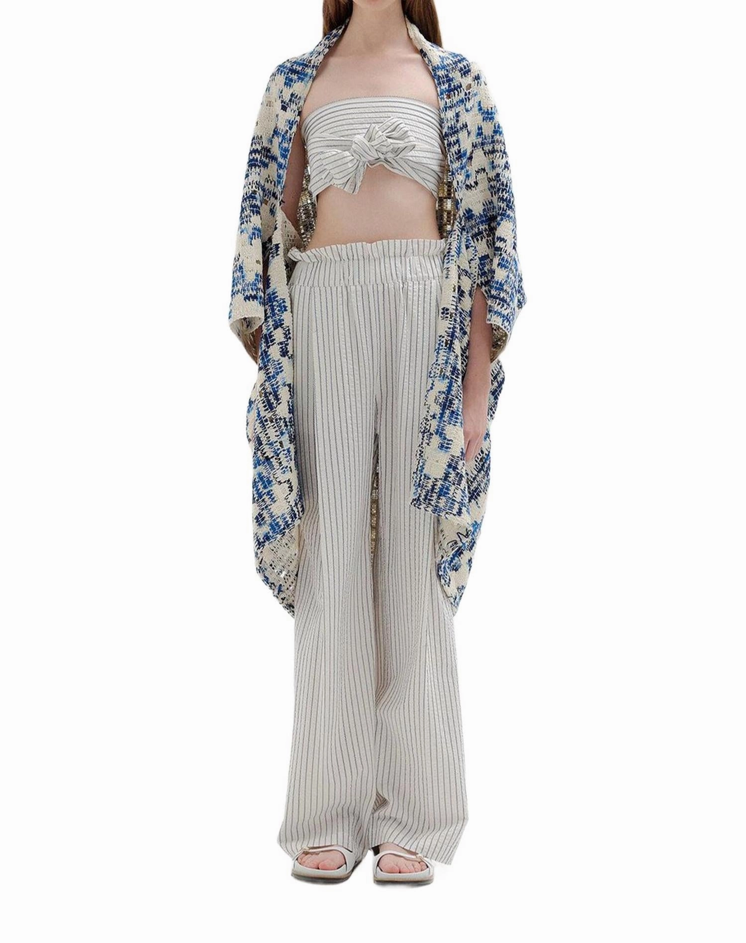 Textured Fabric Saint Shawl Coat In Blue/ivory