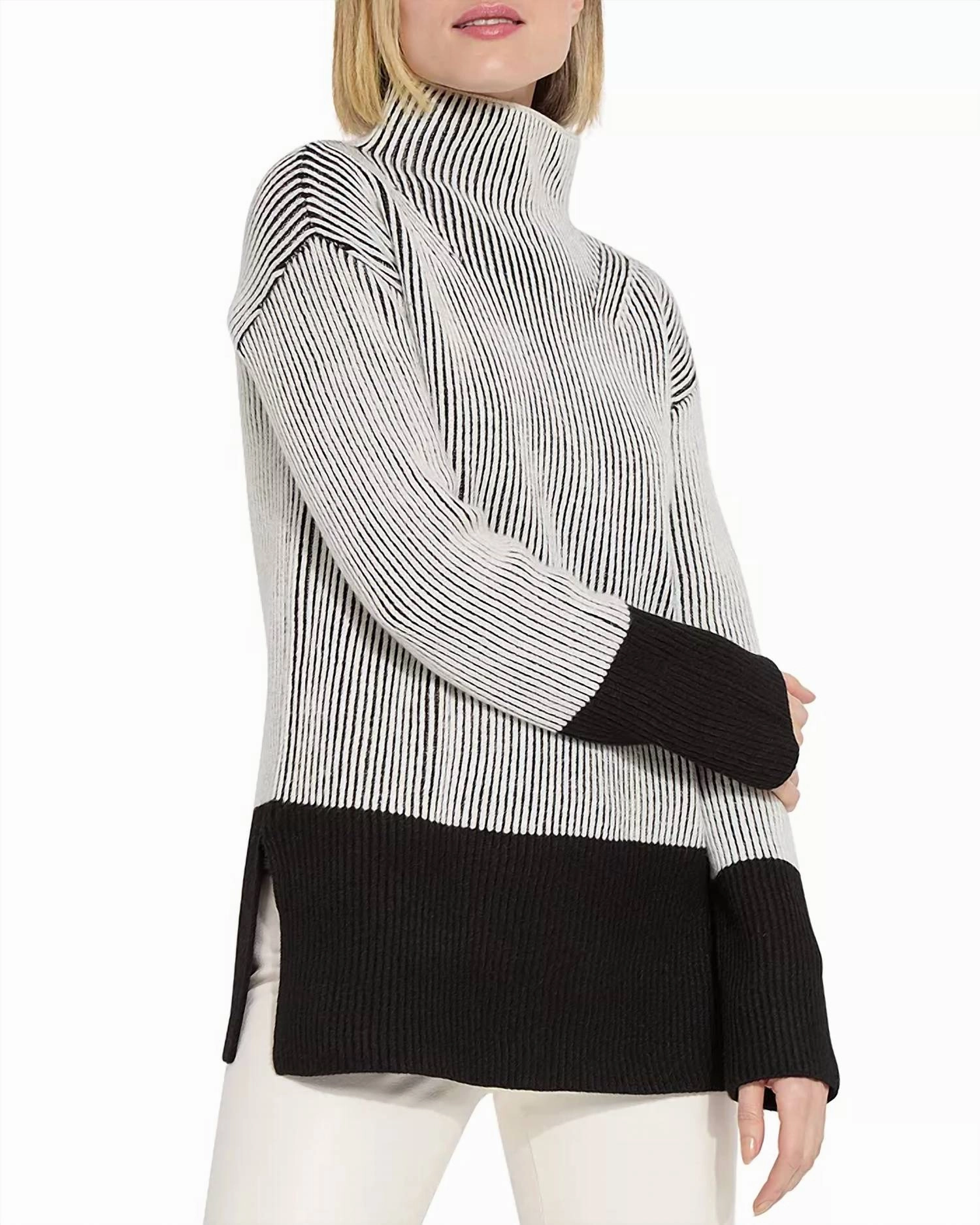 Alia Cozy Rib Pullover In Black/white Warm Knit Side Slit Design