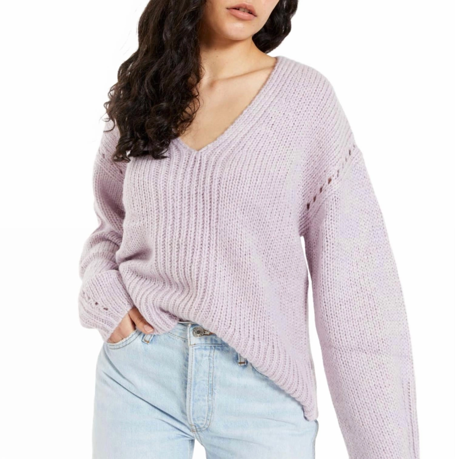 Willa Knit V-Neck Jumper Sweater In Lavender Chunky Yarn Warm and Snuggly