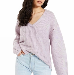 Willa Knit V-Neck Jumper Sweater In Lavender Elastic hem