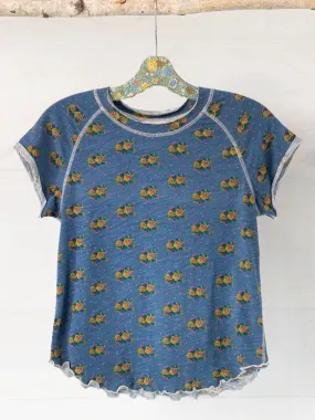 Lily Cotton Short Sleeve Tee Shirt - Blue Polka Dot Floral Casual Outfit polo neck
