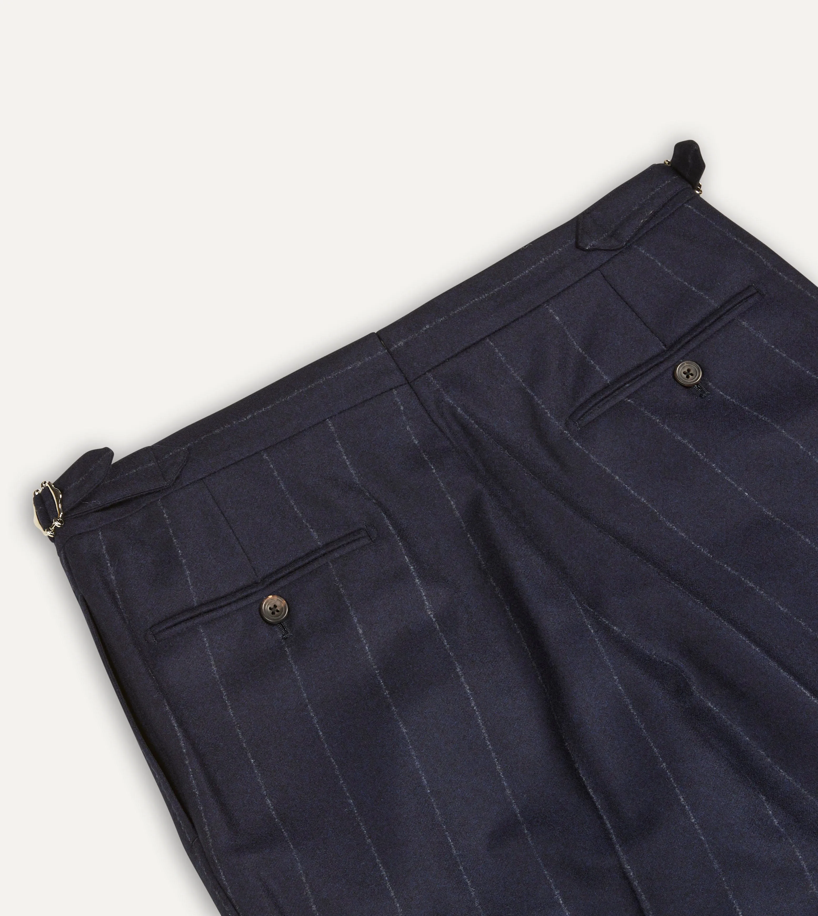 Navy Chalkstripe Wool Flannel Single Pleat Trouser Stretchable Design