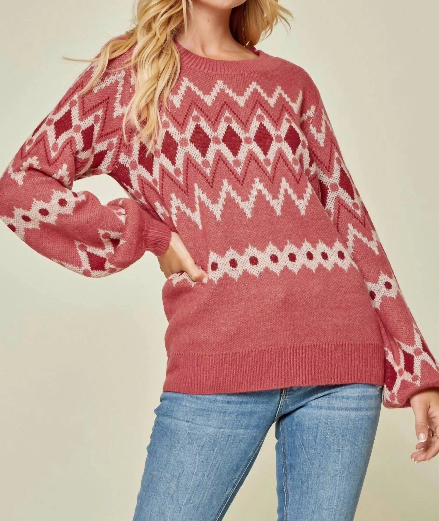 Warm Look Functional Layer Geometric Sweater In Marsala