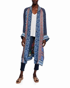 Snuggly Comfort Thermal Insulation Technology Reversible Long Fiori Silk Twill Kimono Coat In Multi
