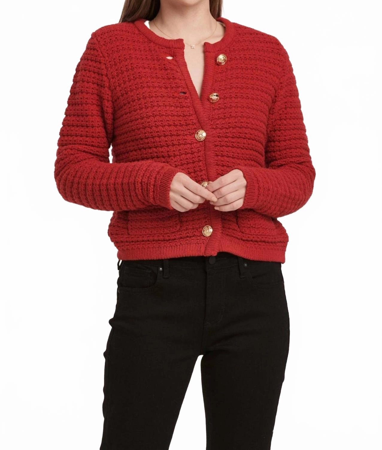 Cambria Cardigan Sweater In Deep Crimson Knit Look
