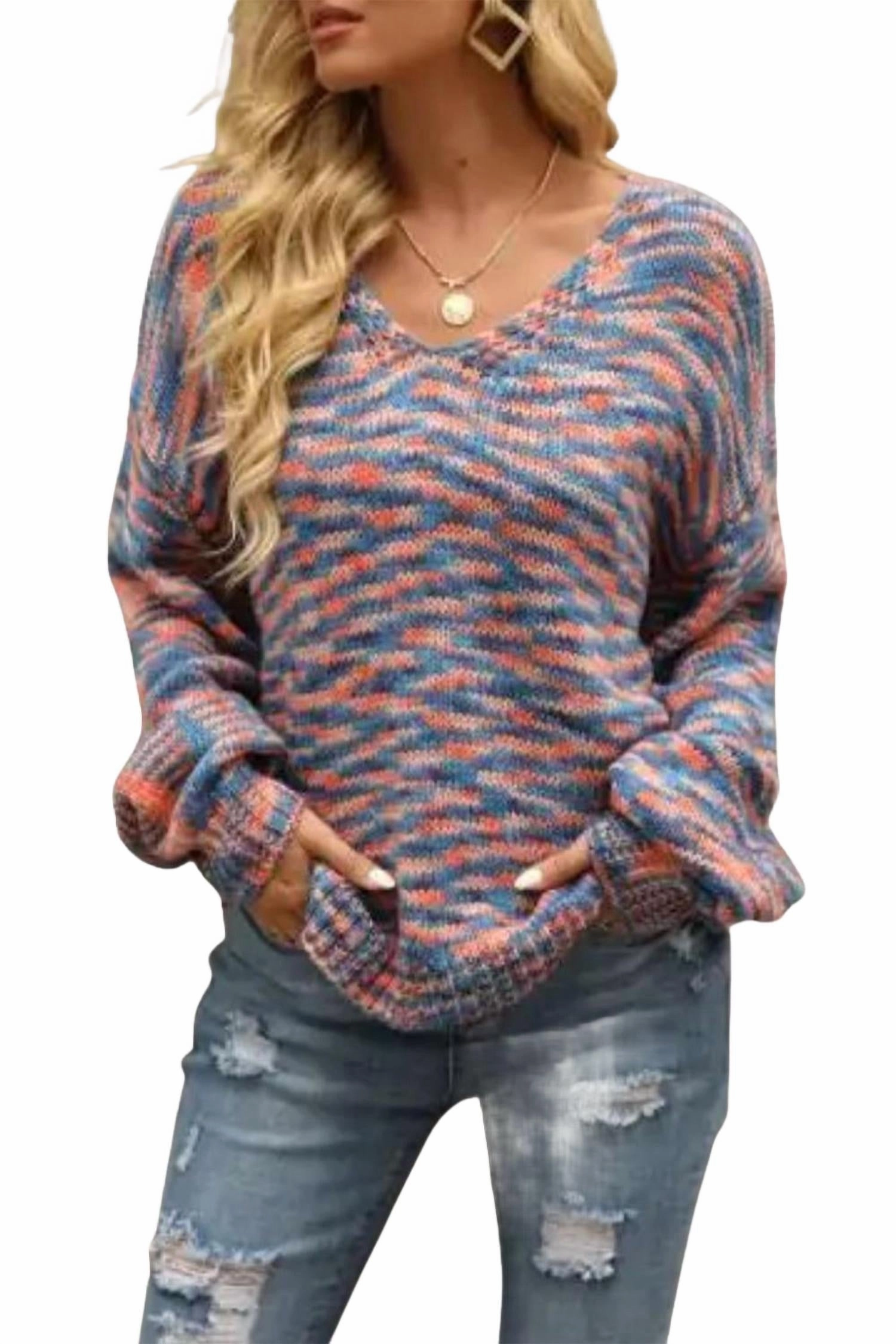 casual knitwear crew neck Space-Dye Knit V-Neck Sweater In Blue