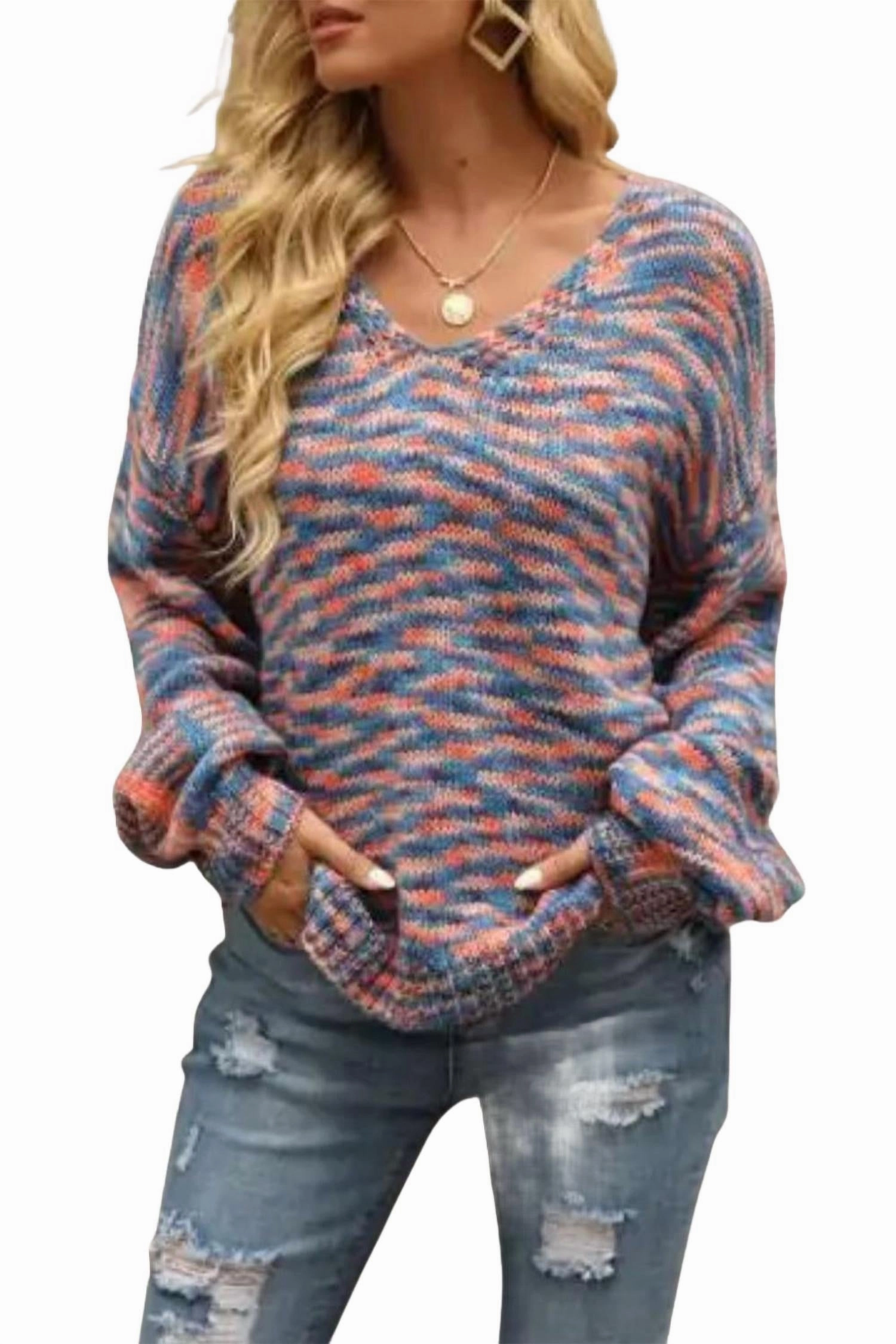 Breathable Knit Wear Versatile Apparel Space-Dye Knit V-Neck Sweater In Blue