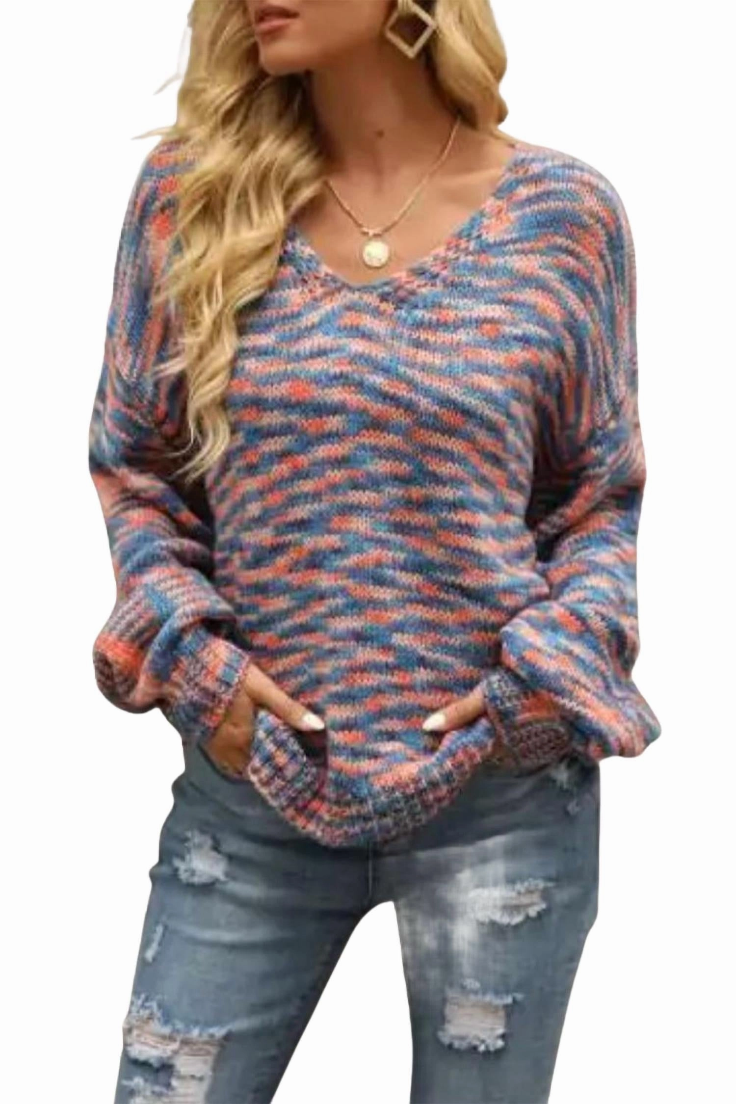 Space-Dye Knit V-Neck Sweater In Blue Breathable Wool Lightweight Merino