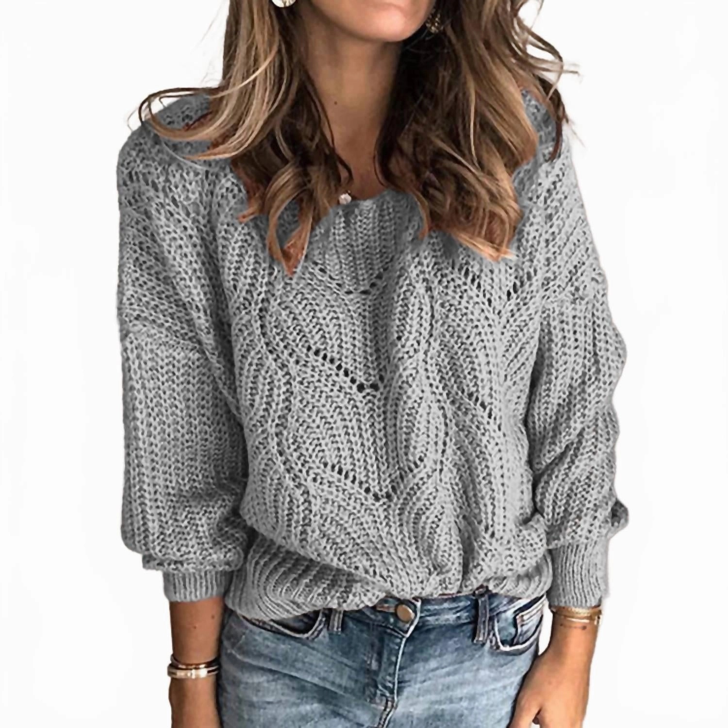 Warm Layers Effortless Layer Crew Neck Hollowed-Out Sweater In Heather Gray
