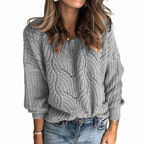 Crew Neck Hollowed-Out Sweater In Heather Gray Cold Weather Gear Lattice Stitch Pattern