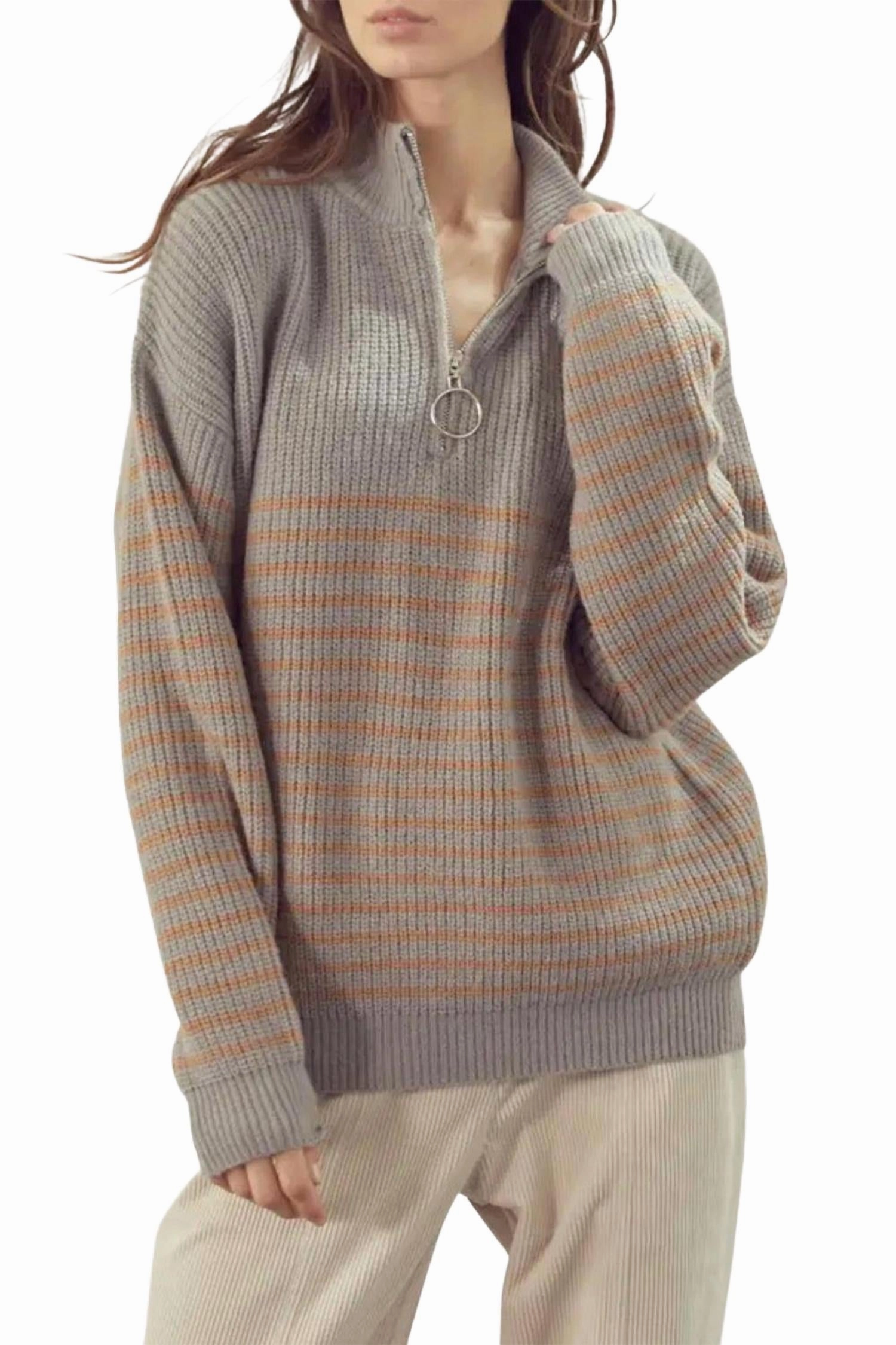 Perfect Knitwear Ribbed Half-Zip Sweater In Grey Taupe Combo