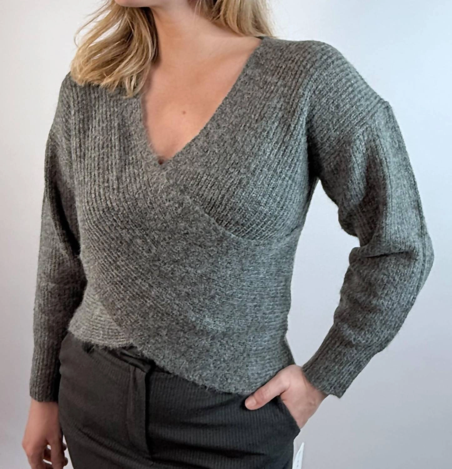 Charliette Wrap Front Sweater In Charcoal Snuggly Comfort Smart Style