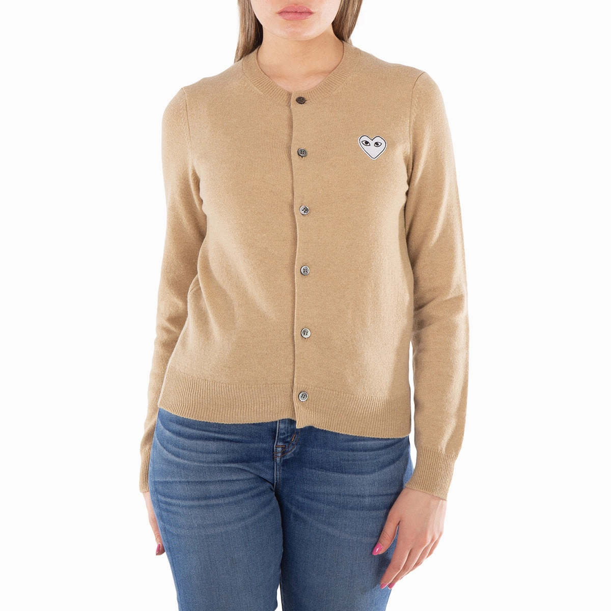 Comme Des Garcons Ladies Heart Logo Crewneck Cardigan Soft Knit Layer Heathered Effect