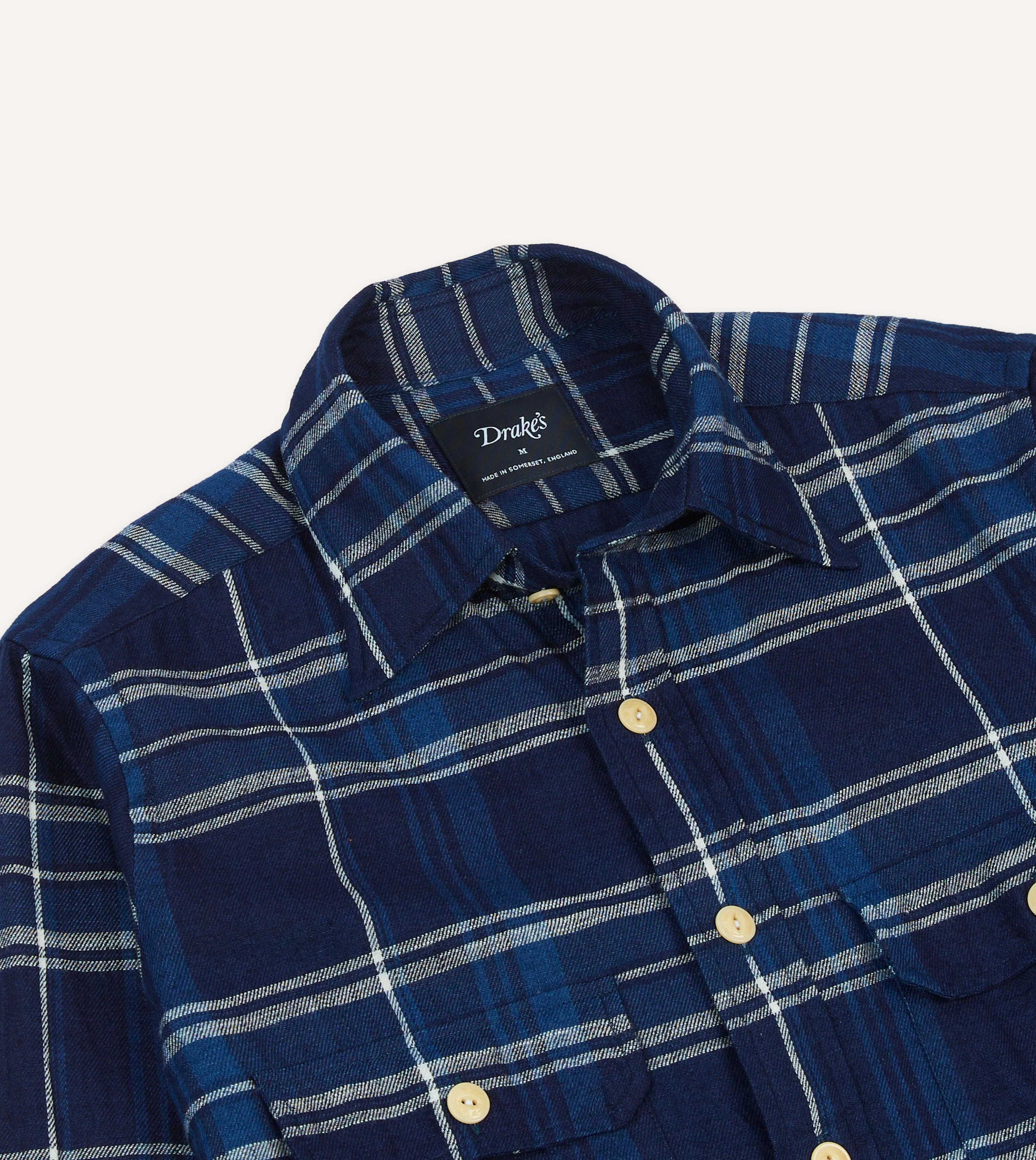 Blue Check Cotton Long Point Collar Work Shirt Bold Prints