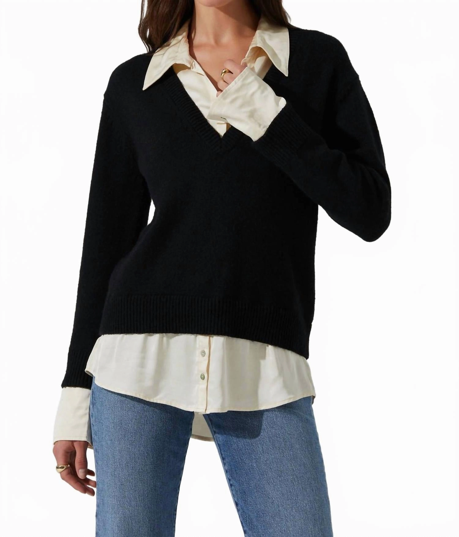 Easy Care Fabric Knitwear Look Jianna Mixed Media Layered Sweater In Black