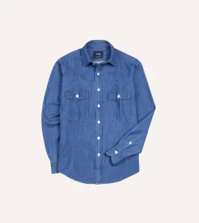 Mid-Blue Washed Denim Cotton Two-Pocket Work Shirt Eco Friendly Dye Bold Hue