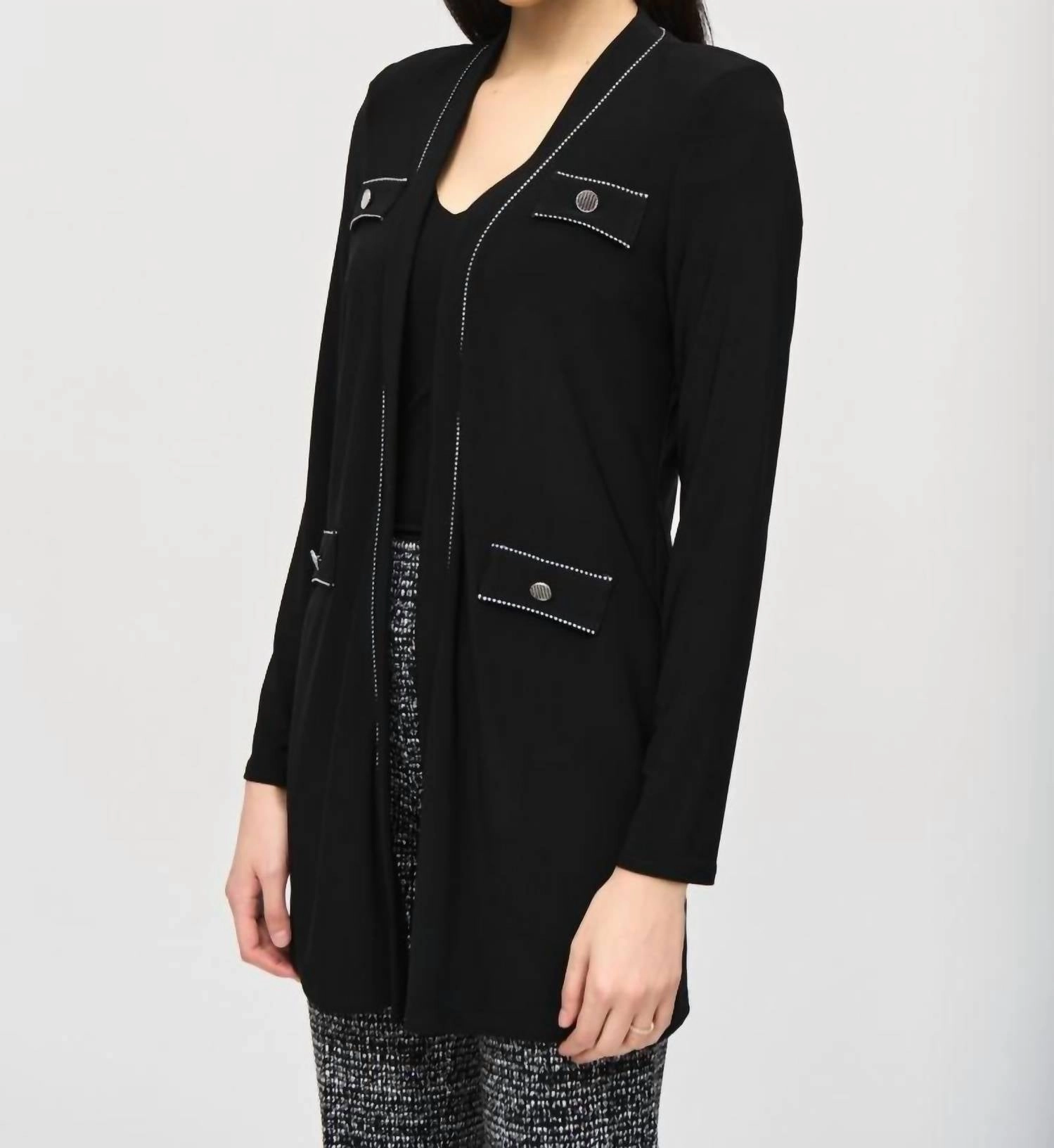 Contrast Stitch Trim Cardigan In Black Zero Pilling Guarantee Breathable Warmth