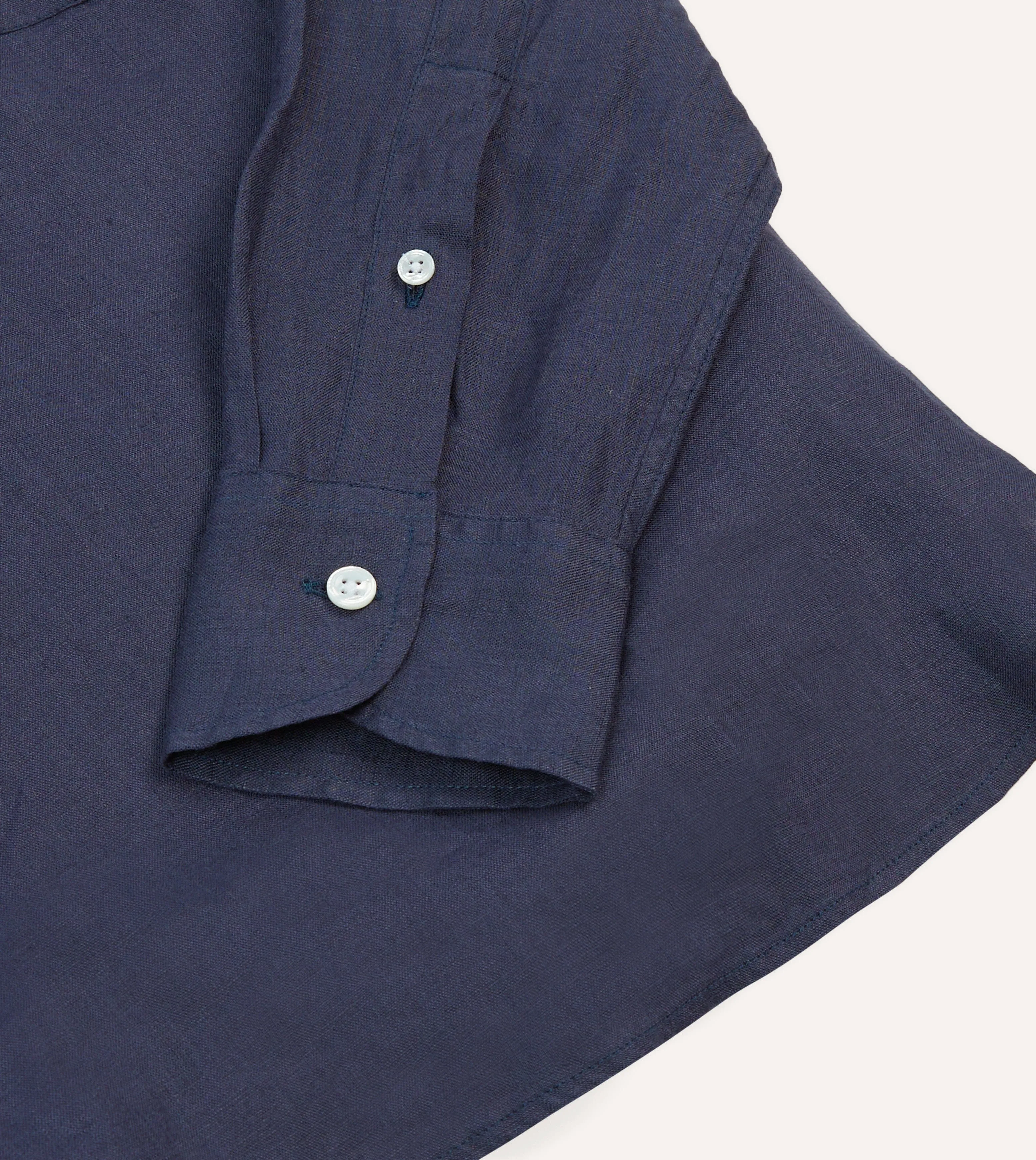 Navy Linen Long Point Collar Popover Shirt Modern Fit Short Sleeve