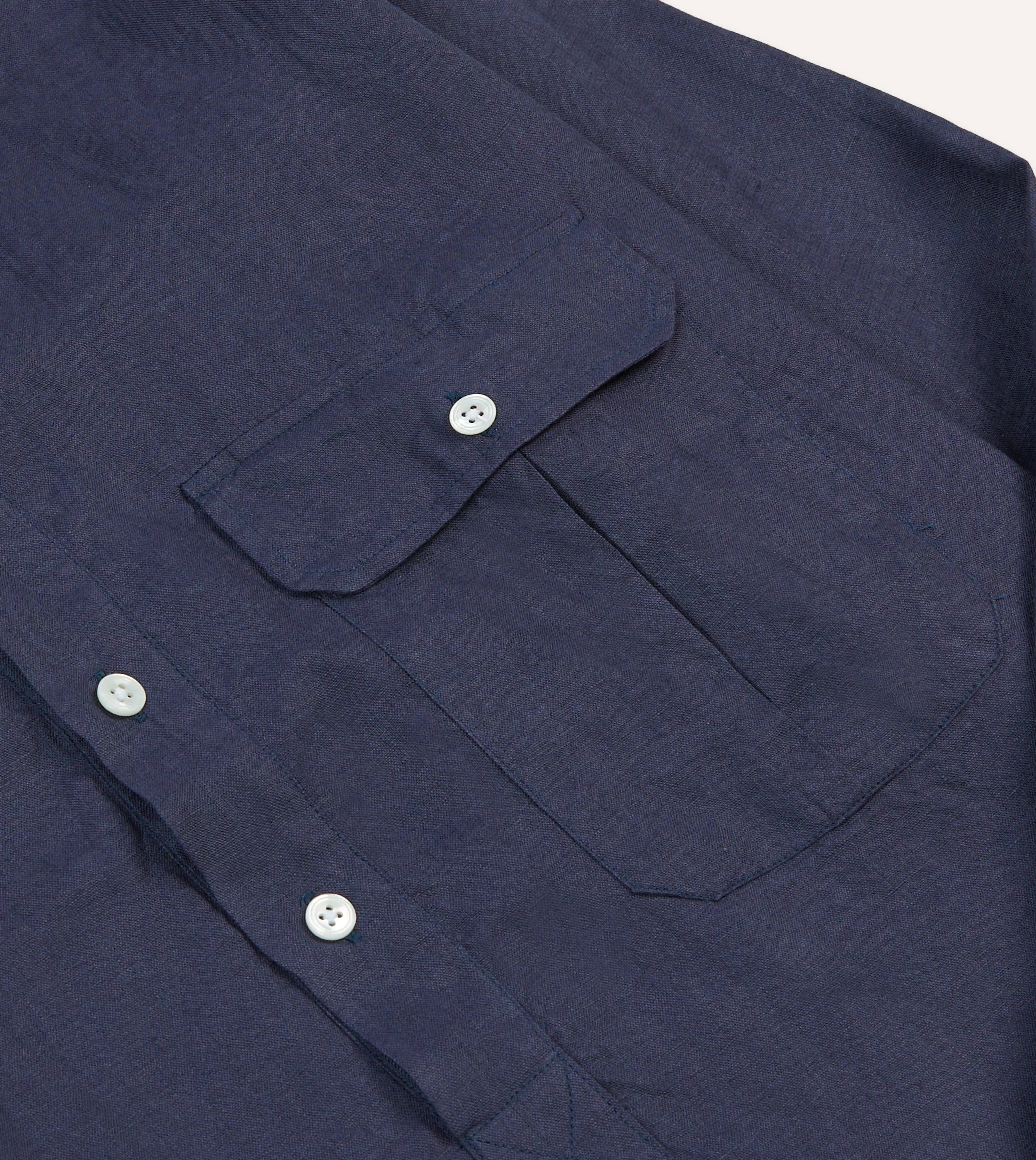 Navy Linen Long Point Collar Popover Shirt Odorless Binding Tape