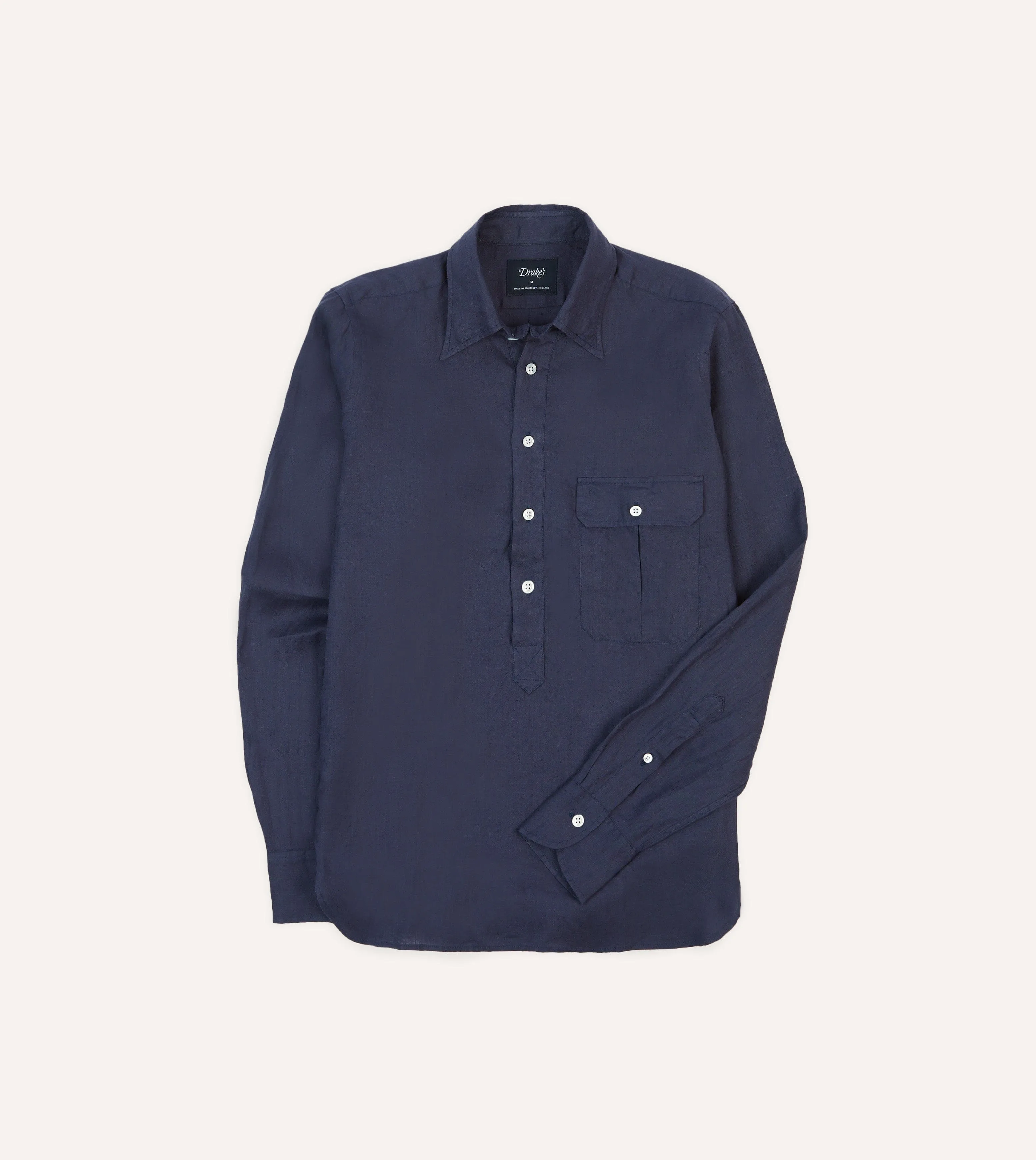 Denim Blend Navy Linen Long Point Collar Popover Shirt