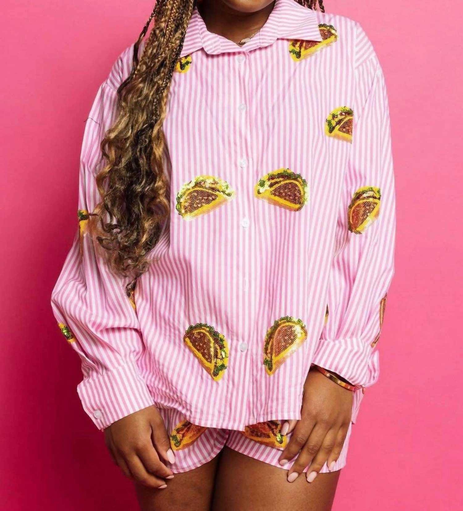poolside gear Sequin Taco Stripe Cotton Short In Pink