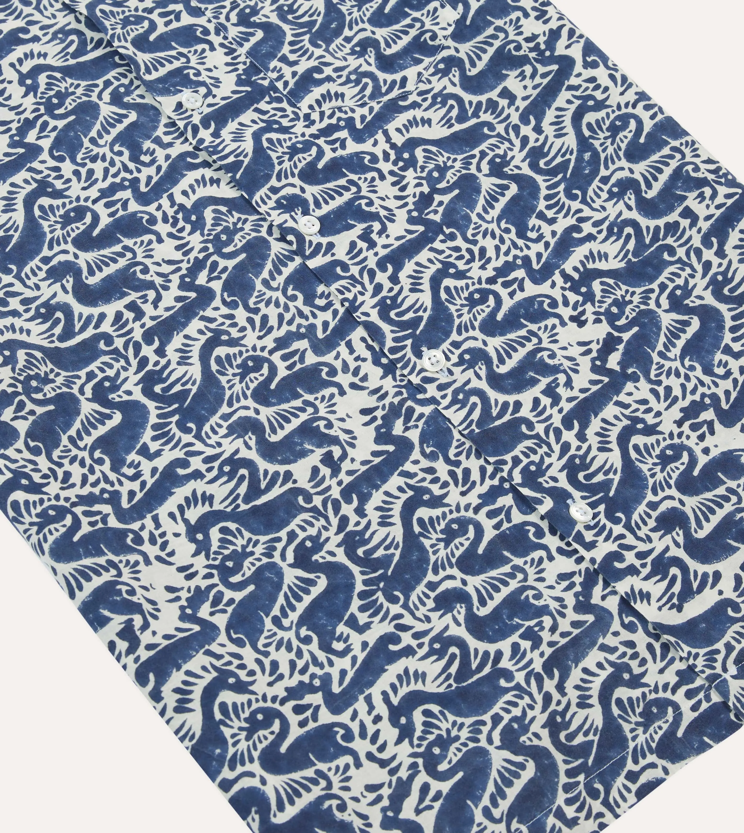 Navy Duck Block Print Cotton Camp Collar Short Sleeve Shirt Outerwear Companion Contrast Stitch