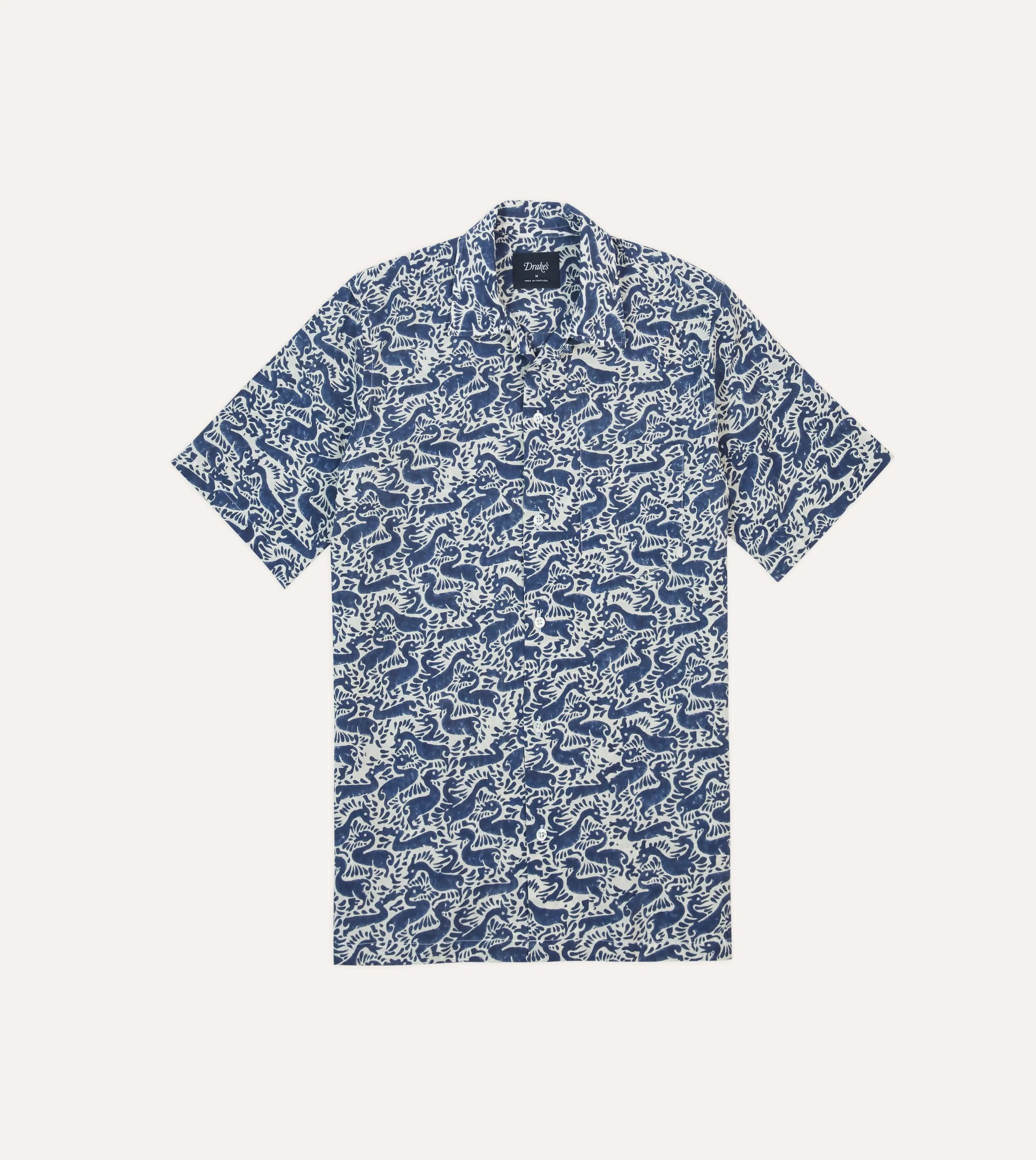 Navy Duck Block Print Cotton Camp Collar Short Sleeve Shirt hypoallergenic material