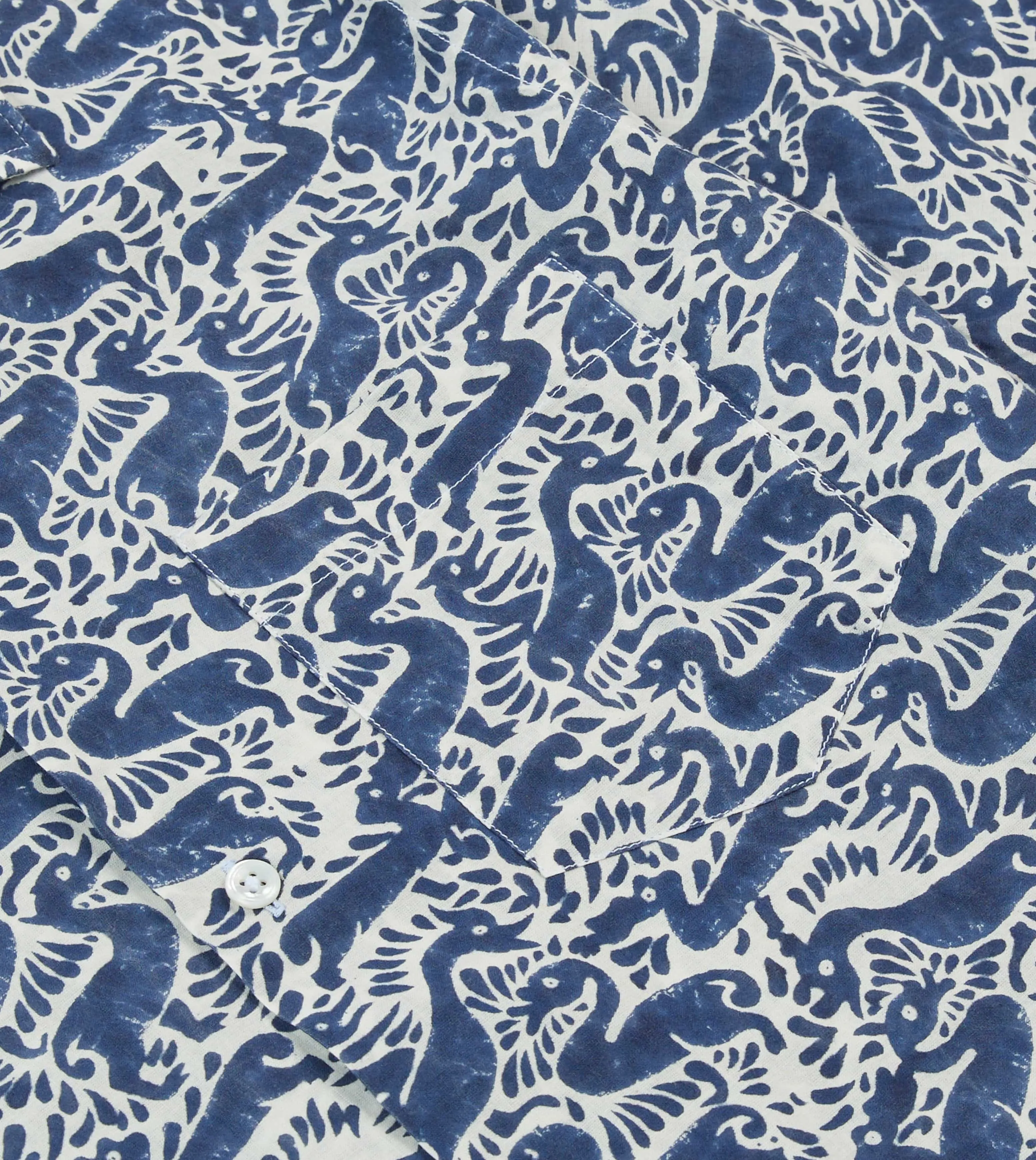 Navy Duck Block Print Cotton Camp Collar Short Sleeve Shirt Beach Wear Classic Design
