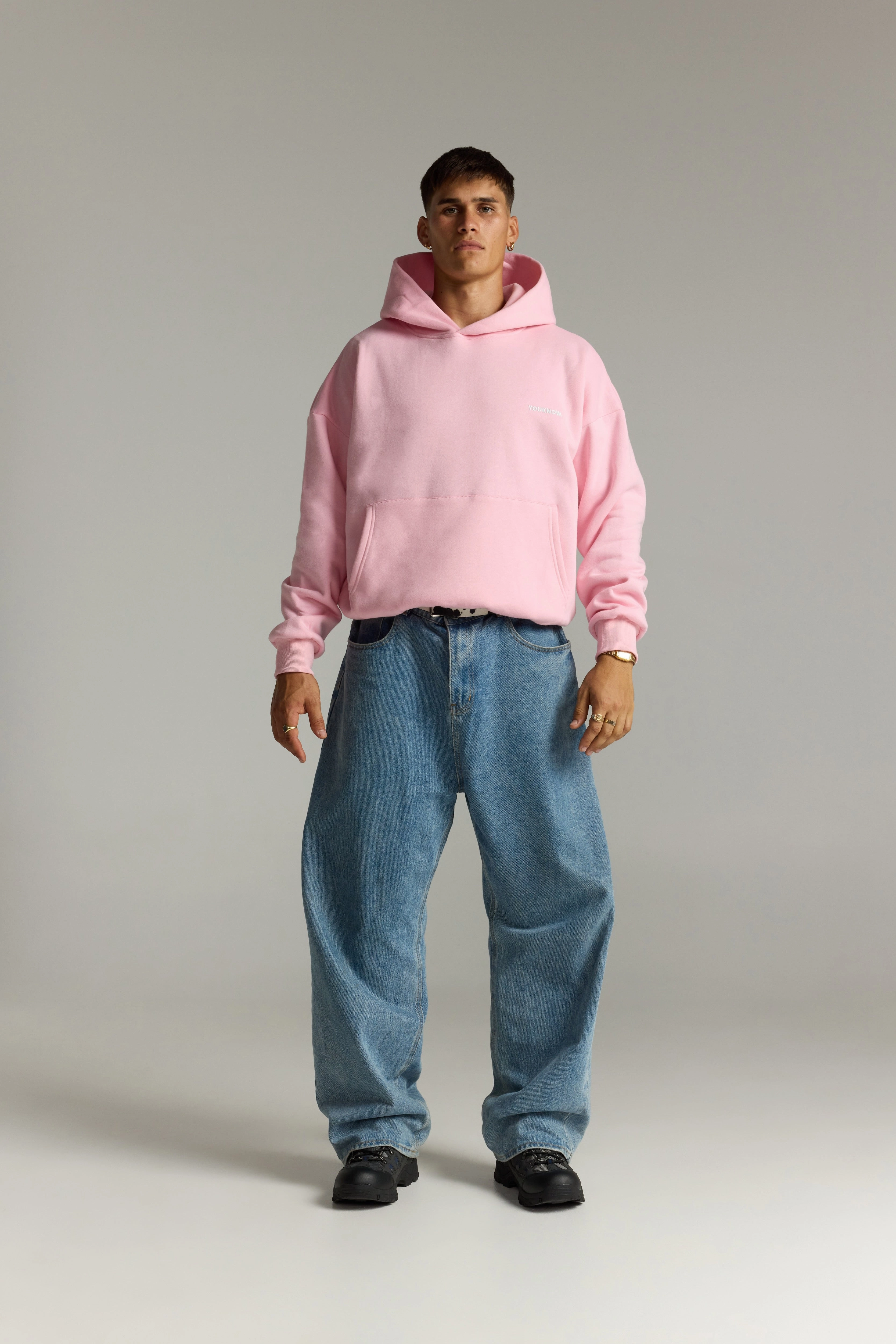 Travel Buddy Adjustable Hood Core Box Hoodie | Baby Pink