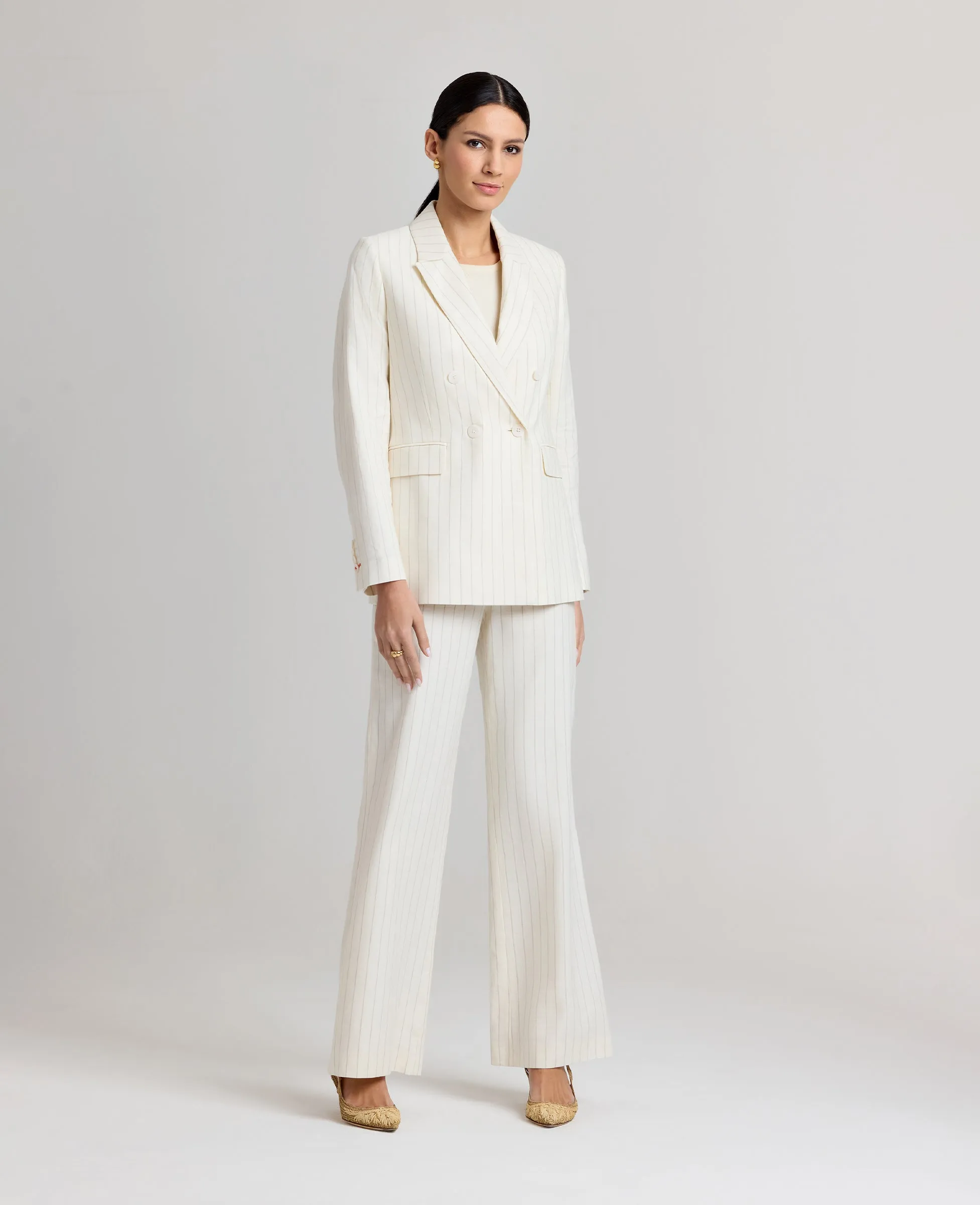 Pocket Details Anti Glare Trim Corine Stripe Cotton Linen Jacket