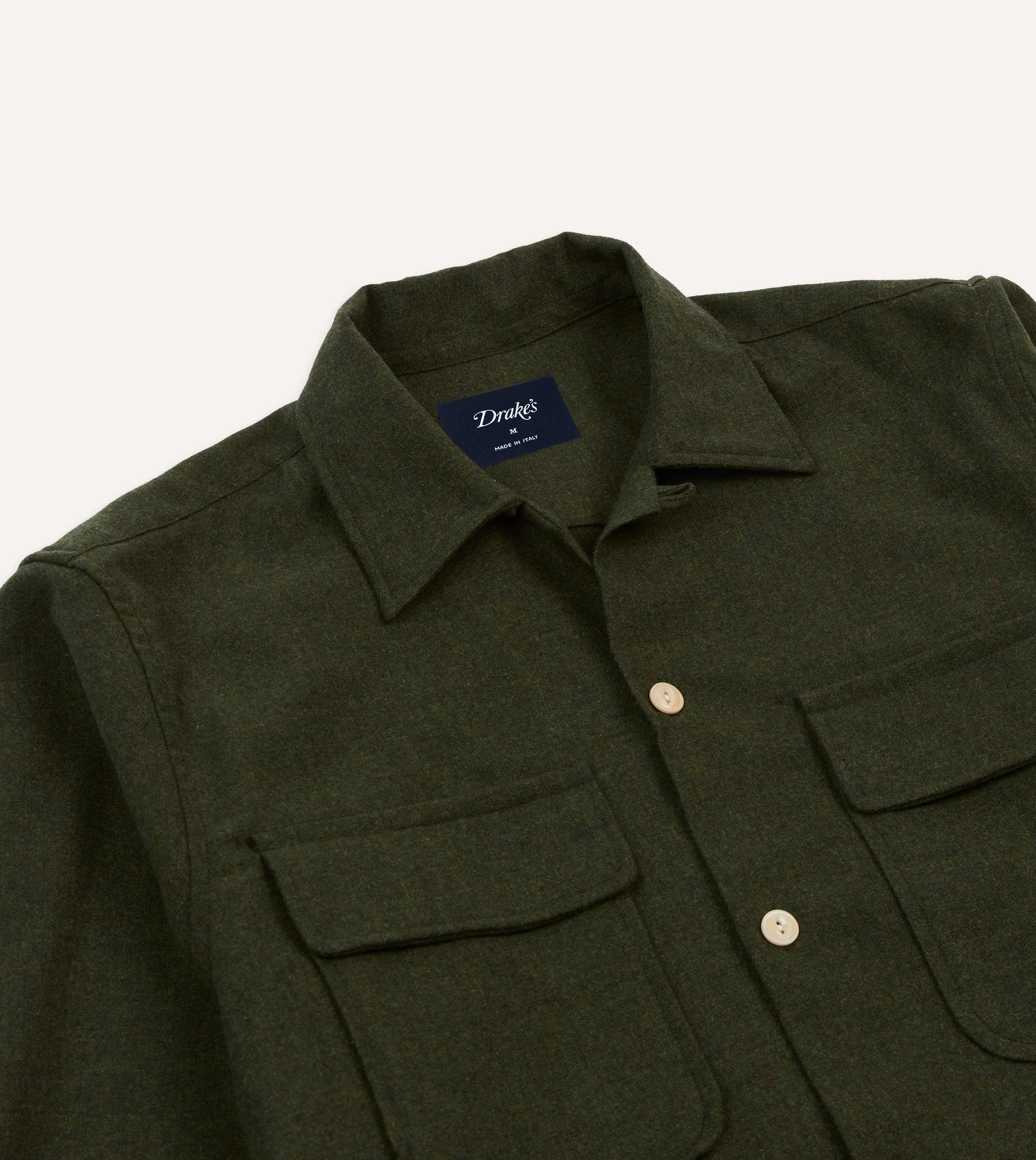 Comfortable Fabric Unisex Design Dark Green Wool Two-Pocket Camp Collar Work Shirt