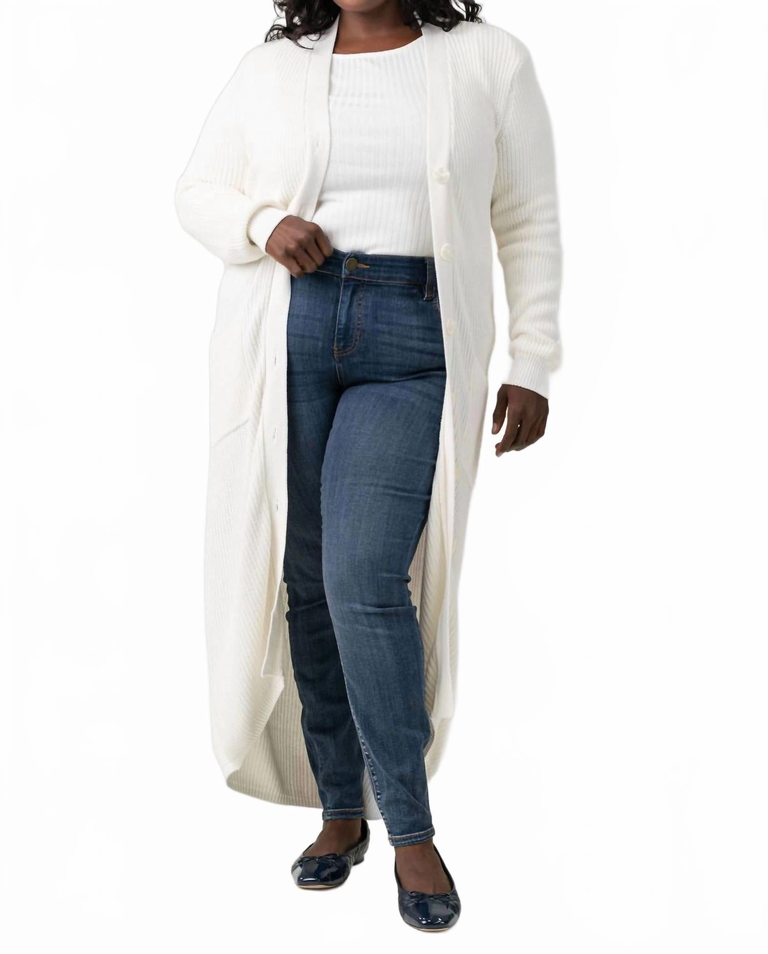 Cotton / Cashmere Belted Ribbed Long Cardigan - Plus Size In White Winter Layers Sophisticated Knit