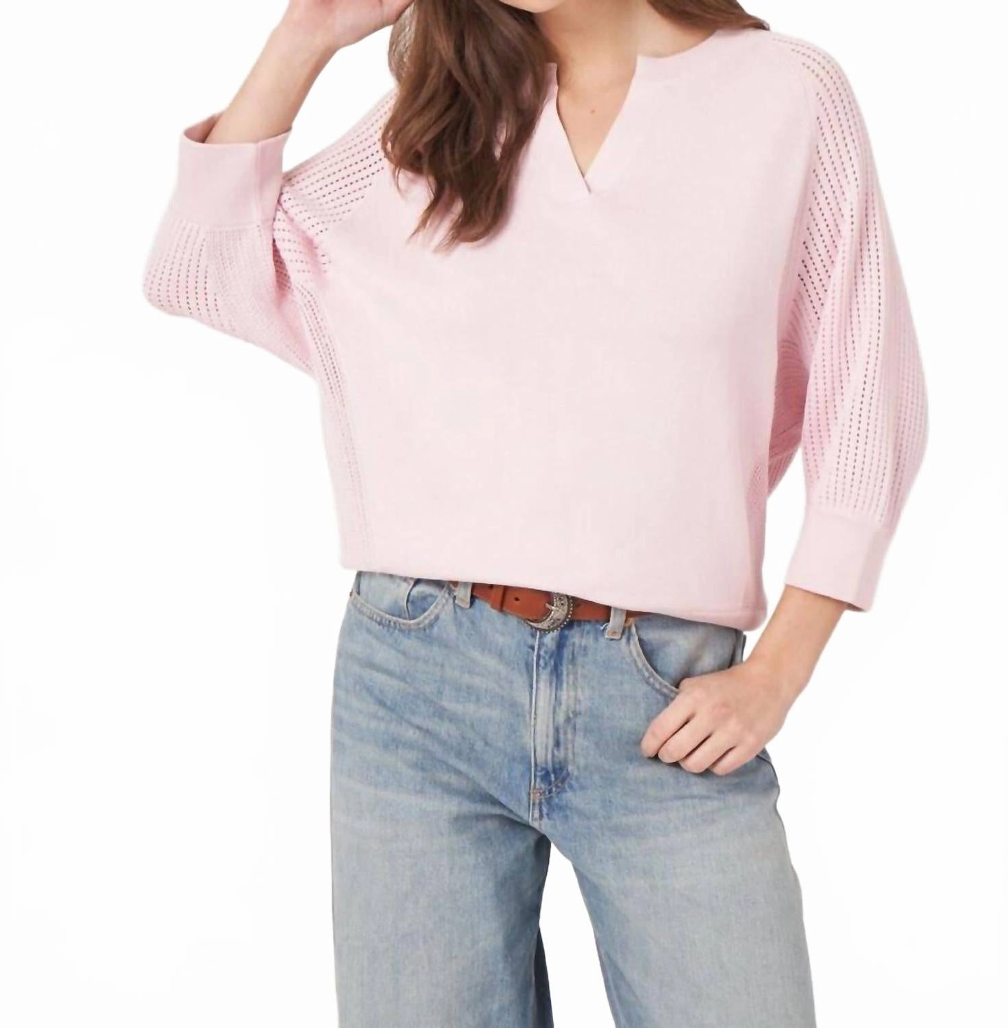 Cotton Blend Sweater With Open Knit Raglan Sleeves In Blush Seasonal Essentials