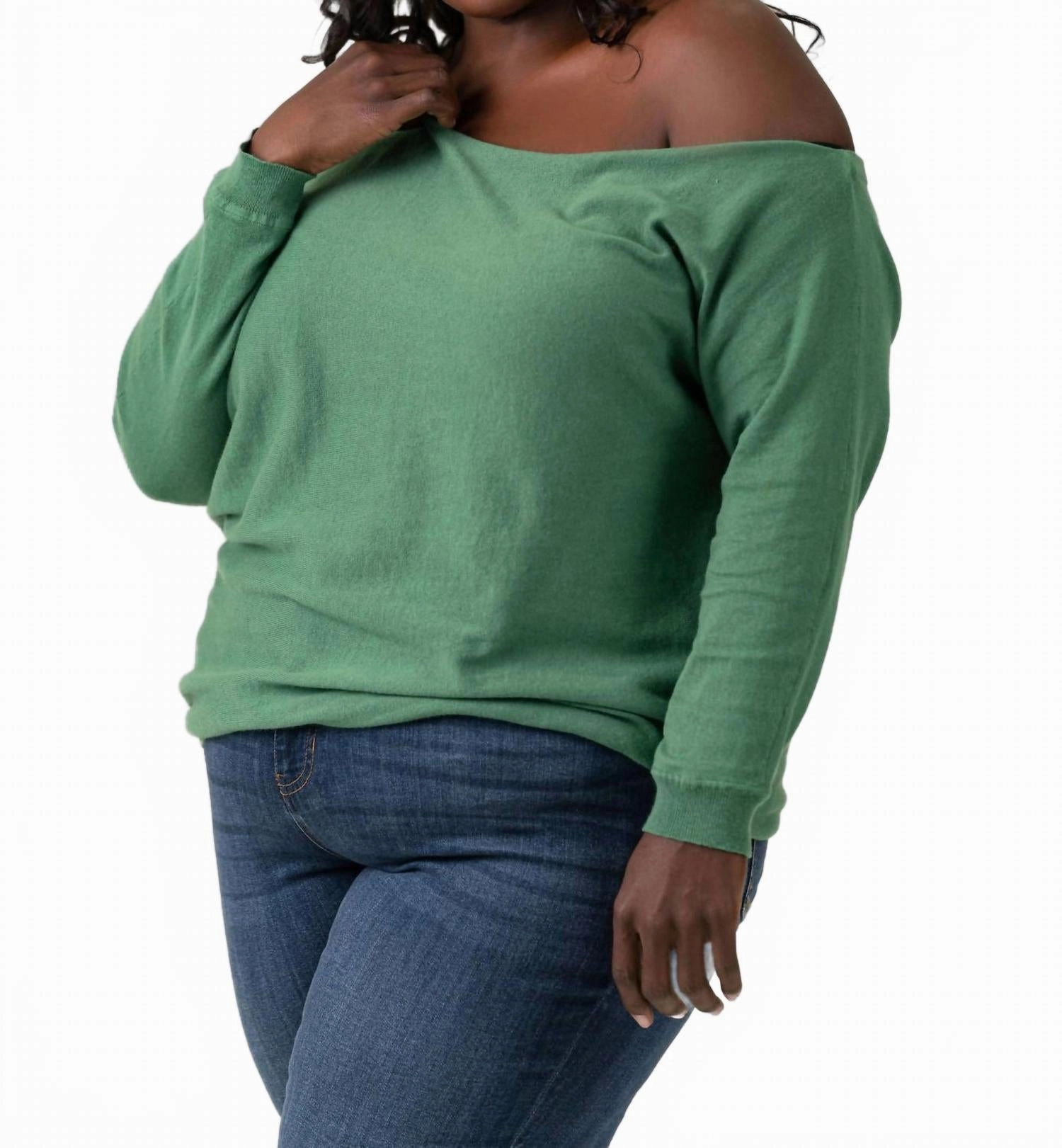 Cotton Cashmere Off-The-Shoulder Sweater - Plus Size In Golf Green Windproof Weave Functional Wear